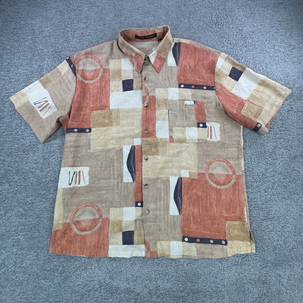 Alan Stuart Mens XL Abstract Geometric Crinkle Short Sleeve Button Down Shirt